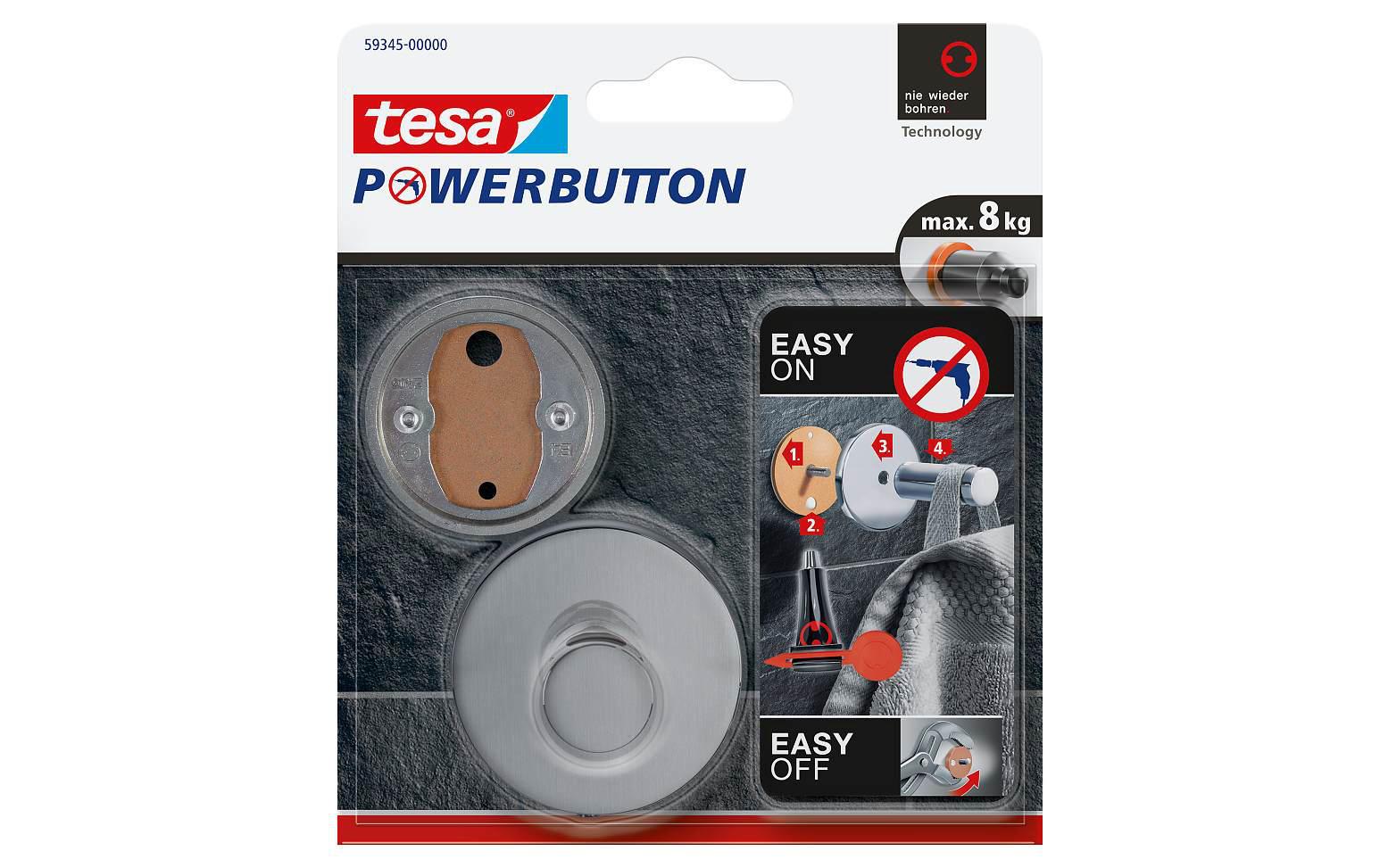 TESA Klebehaken Powerbutton – Edelstahl, 8 kg, Klebestreifen, Silber