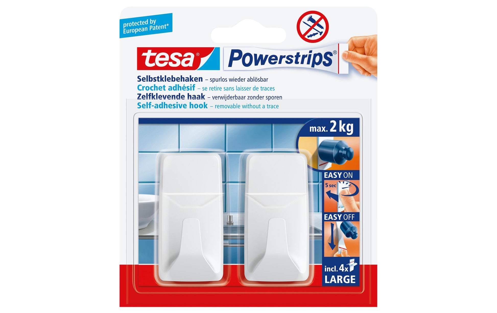 TESA Klebehaken – Kunststoff, 2 kg, Klebestreifen, Weiss, 2er-Set
