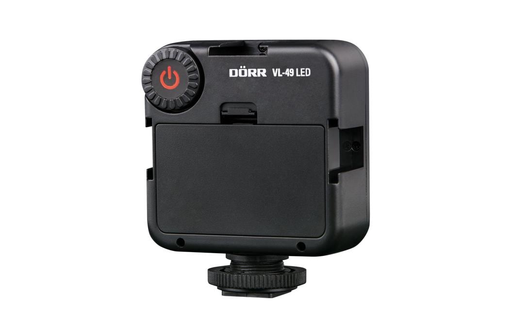 Dörr VL-49 LED-Videoleuchte – 800 Lux, 6000 K – AA (2×), dimmbar – Schwarz – 66 × 79 × 29 mm