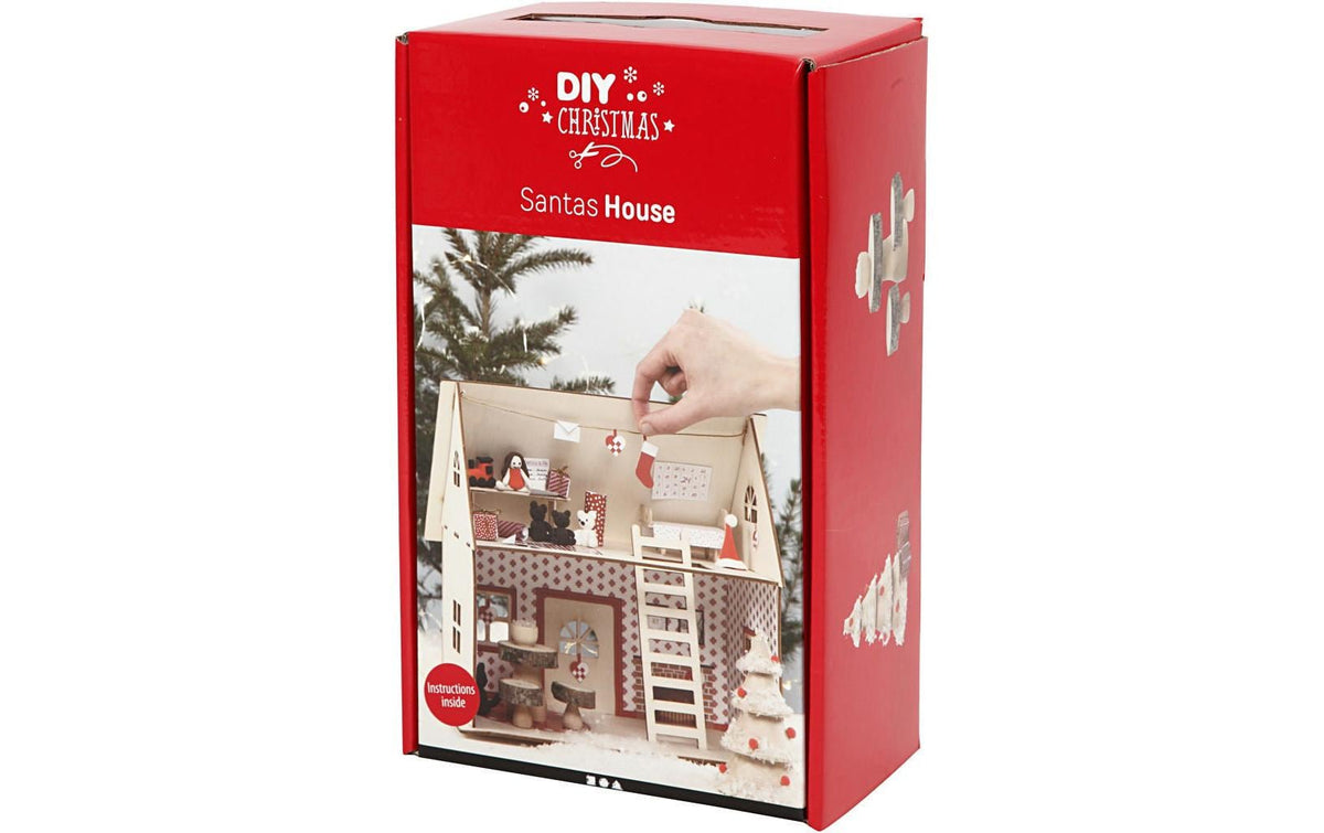 Creativ Company Bastelset Weihnachtsmann (Haus, Wichtel) – H 24,5 cm – 25-teilig – aus Holz