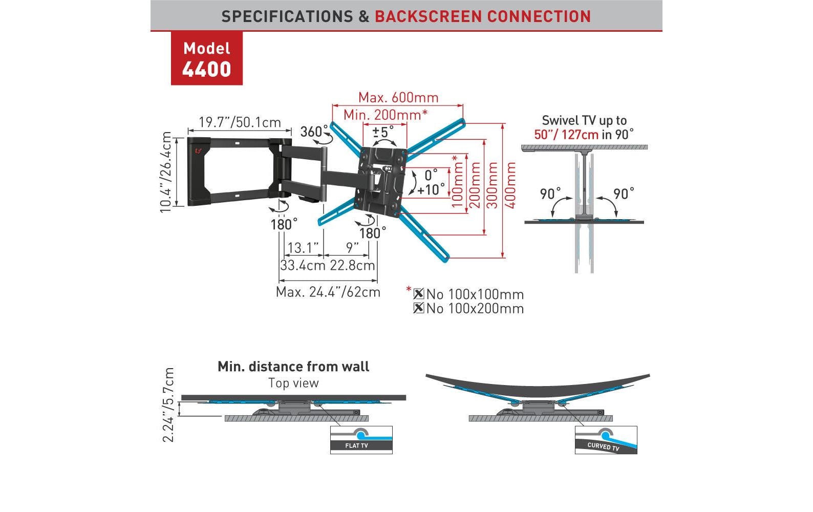 Barkan Mounting Systems Barkan WH 4400-SW – Wandhalterung, schwenkbar, neigbar, für 32–80", VESA 200×100–600×400, bis 50 kg, schwarz