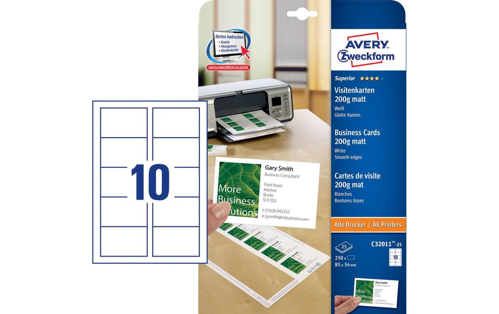 Avery Zweckform Visitenkarten, 85 × 54 mm, 200 g/m² – für Laser/Inkjet – A4, 10 pro Blatt – 250 Karten