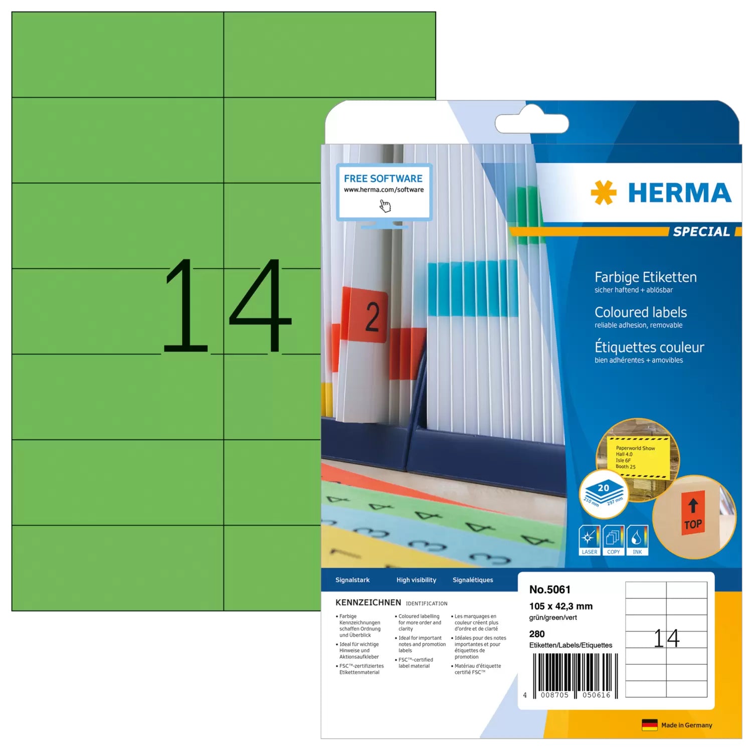 HERMA Druckeretiketten, 105 mm × 42 mm, grün, Papier, wiederablösbar, 280 Etiketten (20 Blatt)