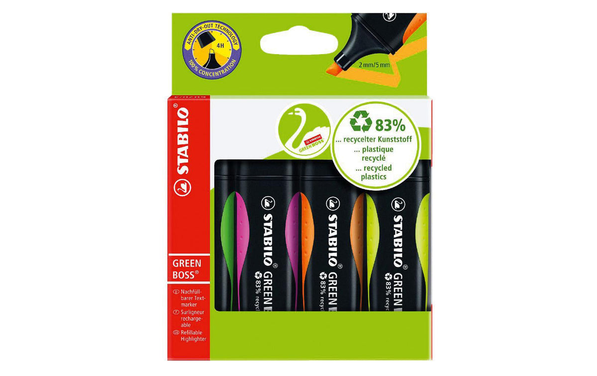 STABILO GREEN BOSS Textmarker – 4er Set, Farben: Grün/Orange/Pink …, Keilspitze 2–5 mm, nachfüllbar