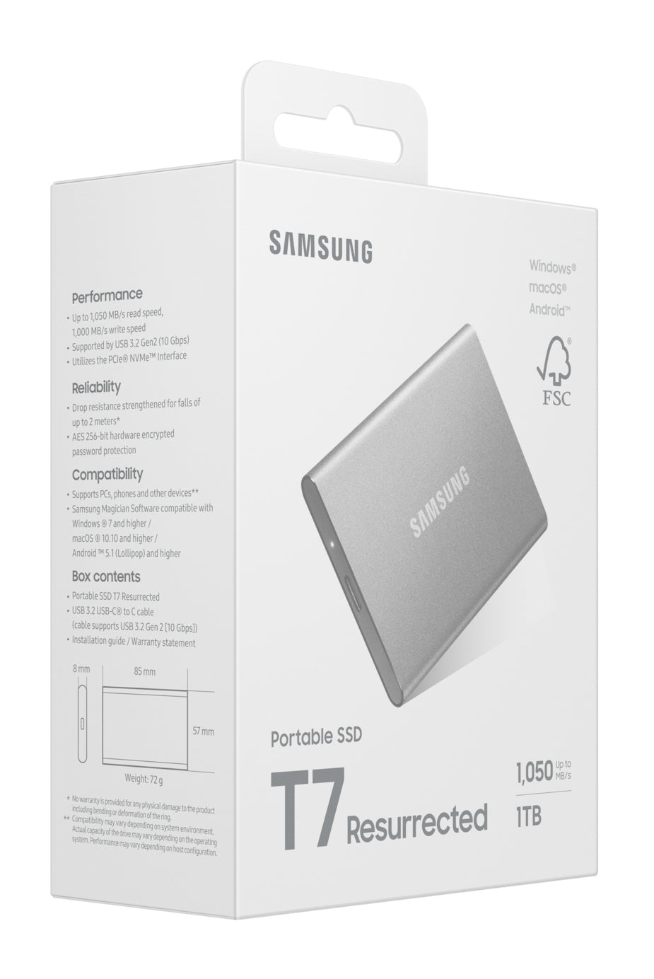 Samsung T7 – 1 TB PSSD, USB 3.2 Gen 2 (10 Gbit/s), 1050 MB/s lesen, 1000 MB/s schreiben, Aluminium, Silber