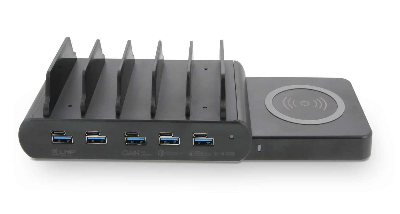 LMP DuoCharge USB-Desktop-Ladegerät 150 W – USB-C×5, USB-A×1 – GaN, Qi2-Ladepad – Schwarz