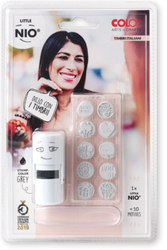 Colop Little NIO – Selbstfärbender Motivstempel, 10 Motive, Deutsch – Ø 17 mm – Grau