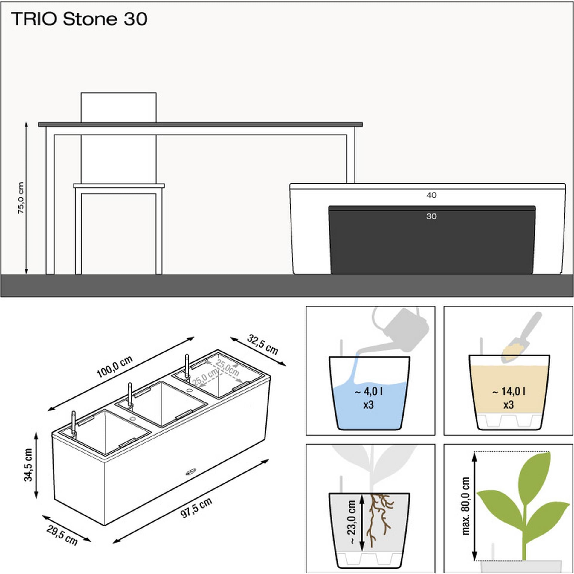 LECHUZA TRIO Stone 30 Pflanzgefäss – 100 × 34,5 × 32,5 cm – Kunststoff, grau