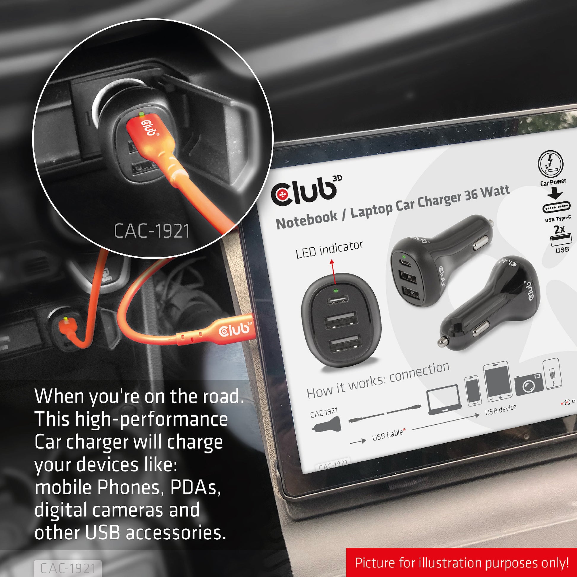 CLUB3D Club 3D CAC-1921 Auto-Ladegerät 36 W – USB-C×1, USB-A×2 – 12–24 V – Schwarz