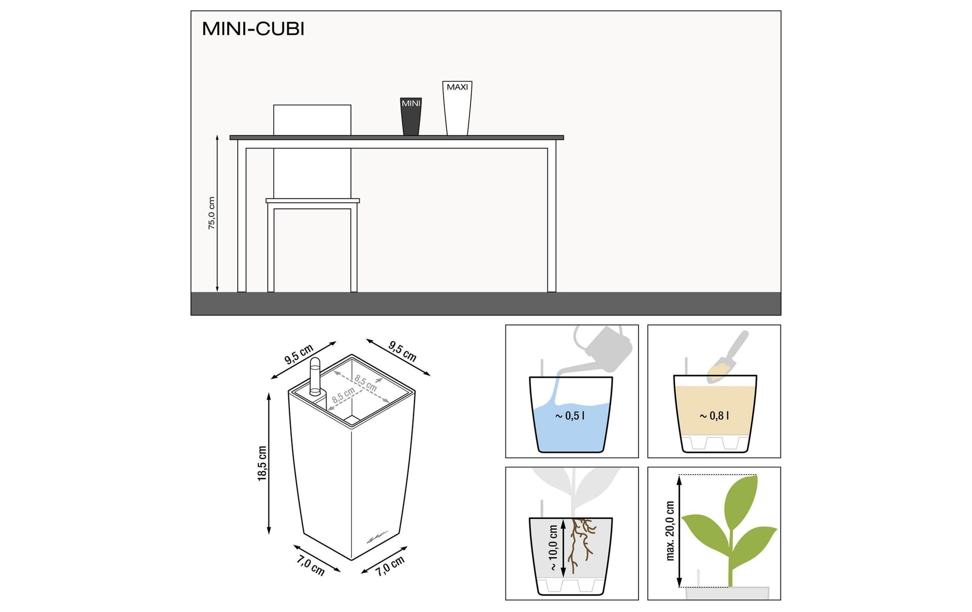 LECHUZA Mini Cubi Premium 9 Topfpflanzer – 9 × 18 × 9 cm – Kunststoff, weiss