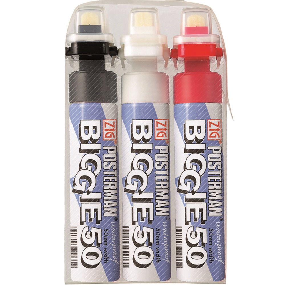 ZIG Posterman Biggie 50 Permanentmarker – Breitspitze 50 mm – Schwarz/Rot/Weiss – 3er-Set – für Glas und Metall