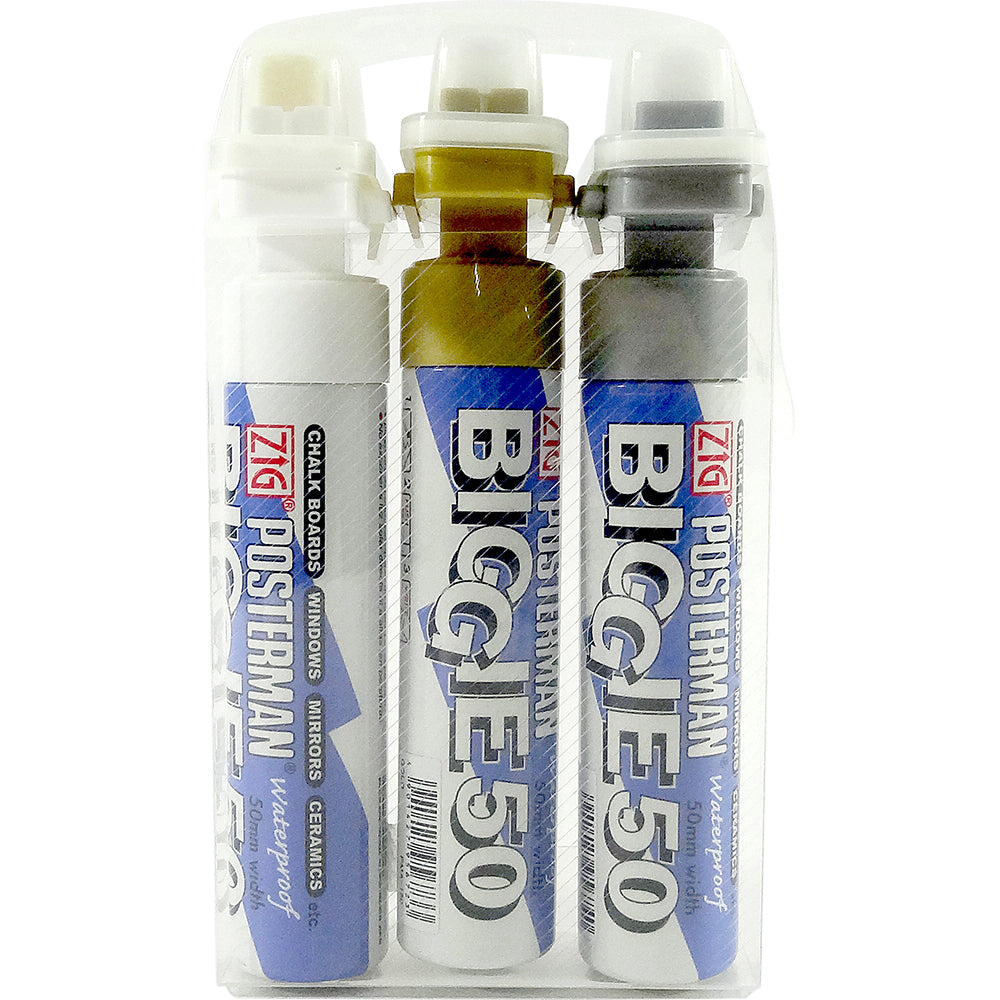 ZIG Posterman Biggie 50 Kreidemarker – Rund 50 mm – 3er-Set, Gold/Silber/Weiss