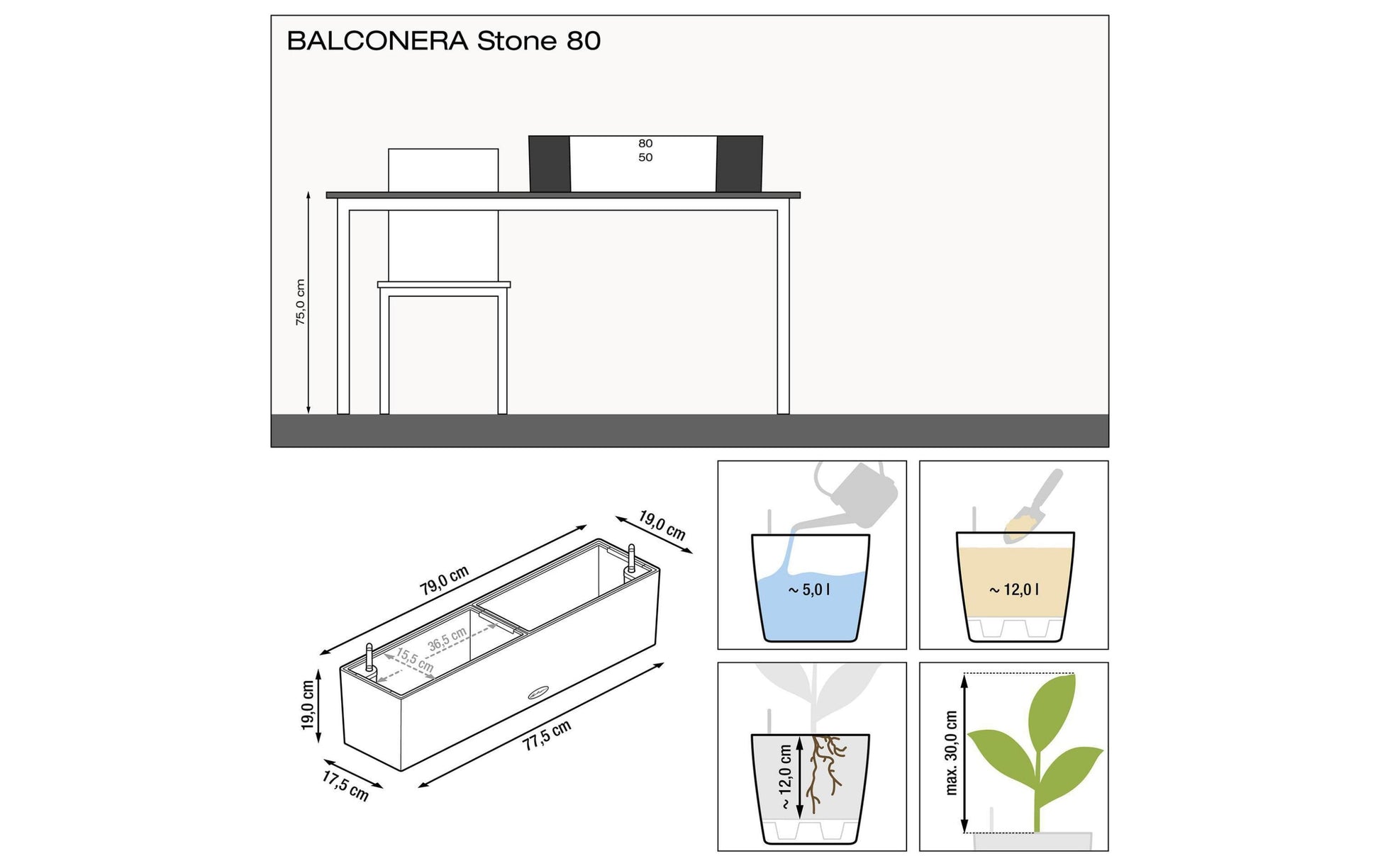 LECHUZA BALCONERA Stone 80 Blumentopf – 12 l, 79 × 19 × 19 cm – Polypropylen, schwarz