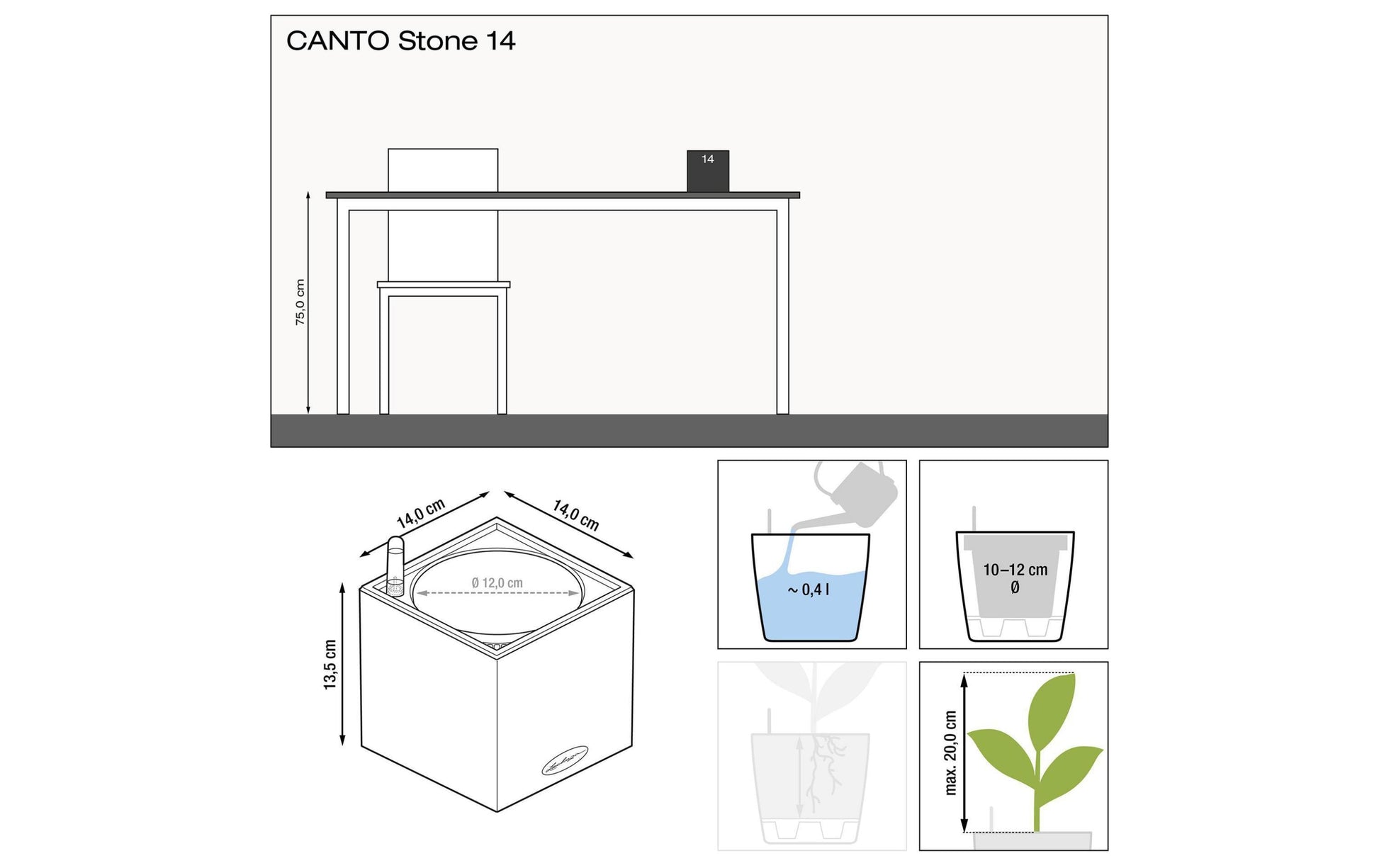 LECHUZA CANTO Stone Topfpflanzer – 14 × 14 × 14 cm, 700 ml – Polypropylen (PP), beige