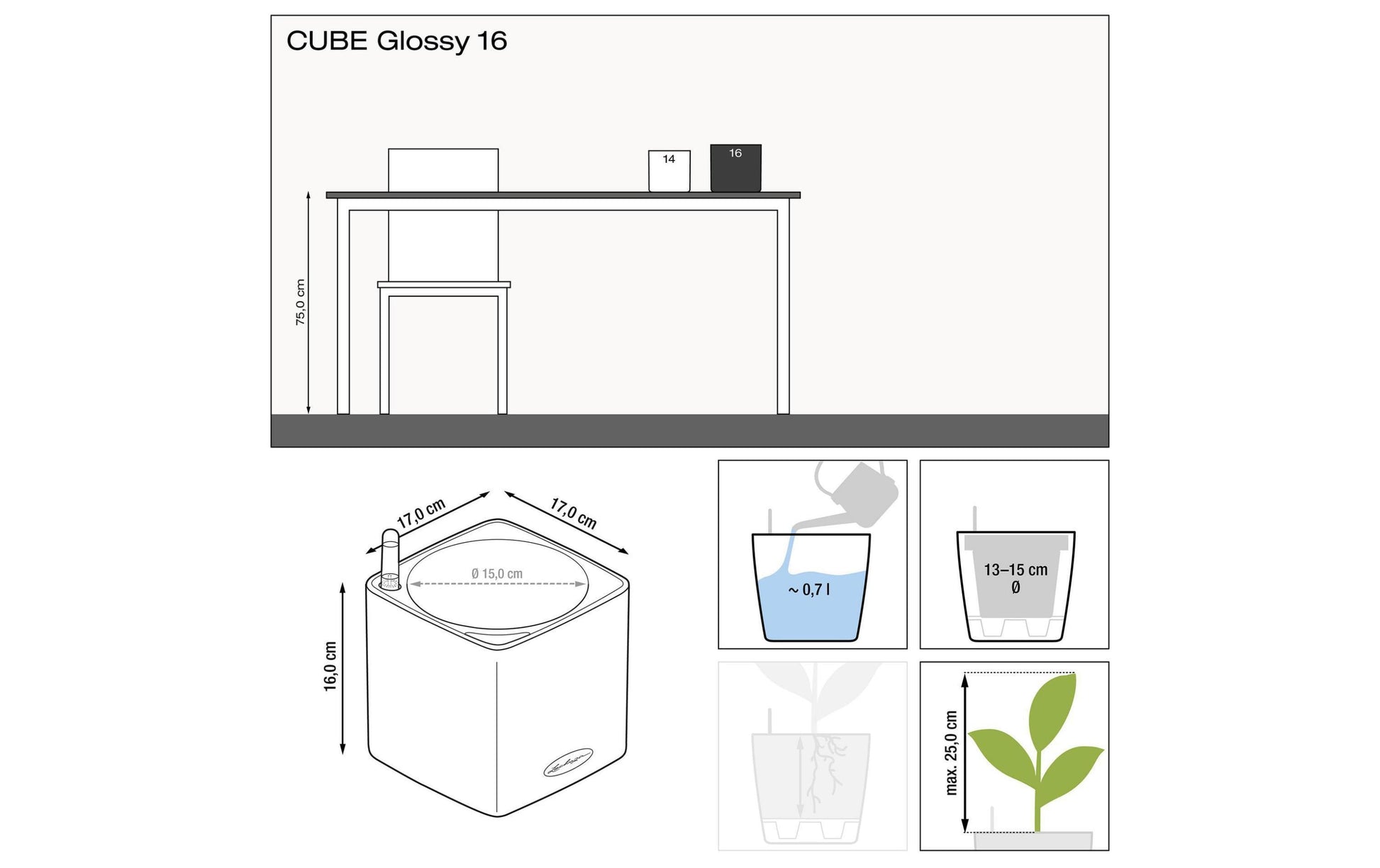 LECHUZA CUBE Glossy 16 Topfpflanzer – 16 × 16 × 16 cm – Polypropylen, weiss glänzend, automatische Bewässerung