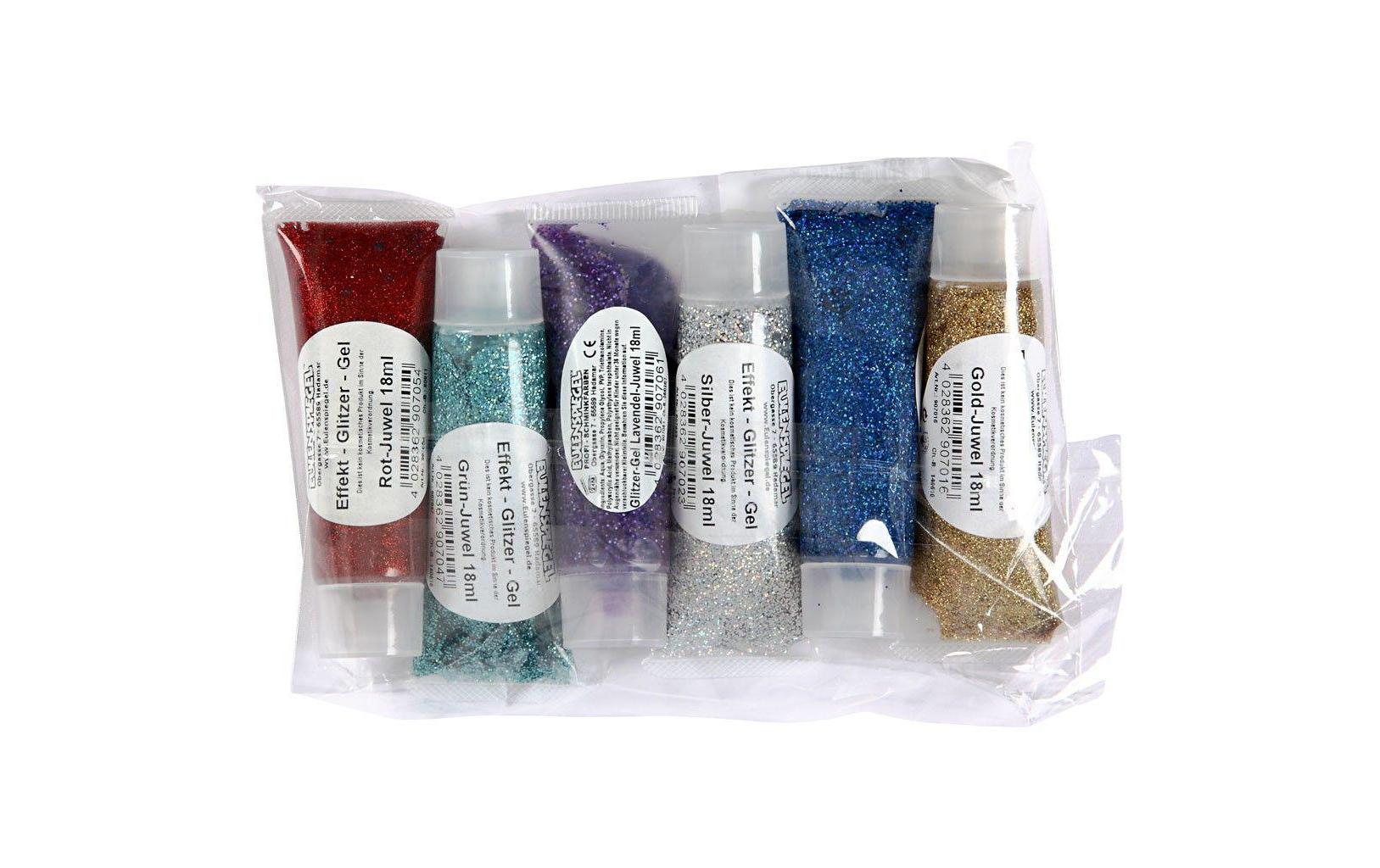 Eulenspiegel Glitzergel Schminke – Mehrfarbig, Glitter – 6 Farben, 6×18 ml (108 ml) – für Schminken