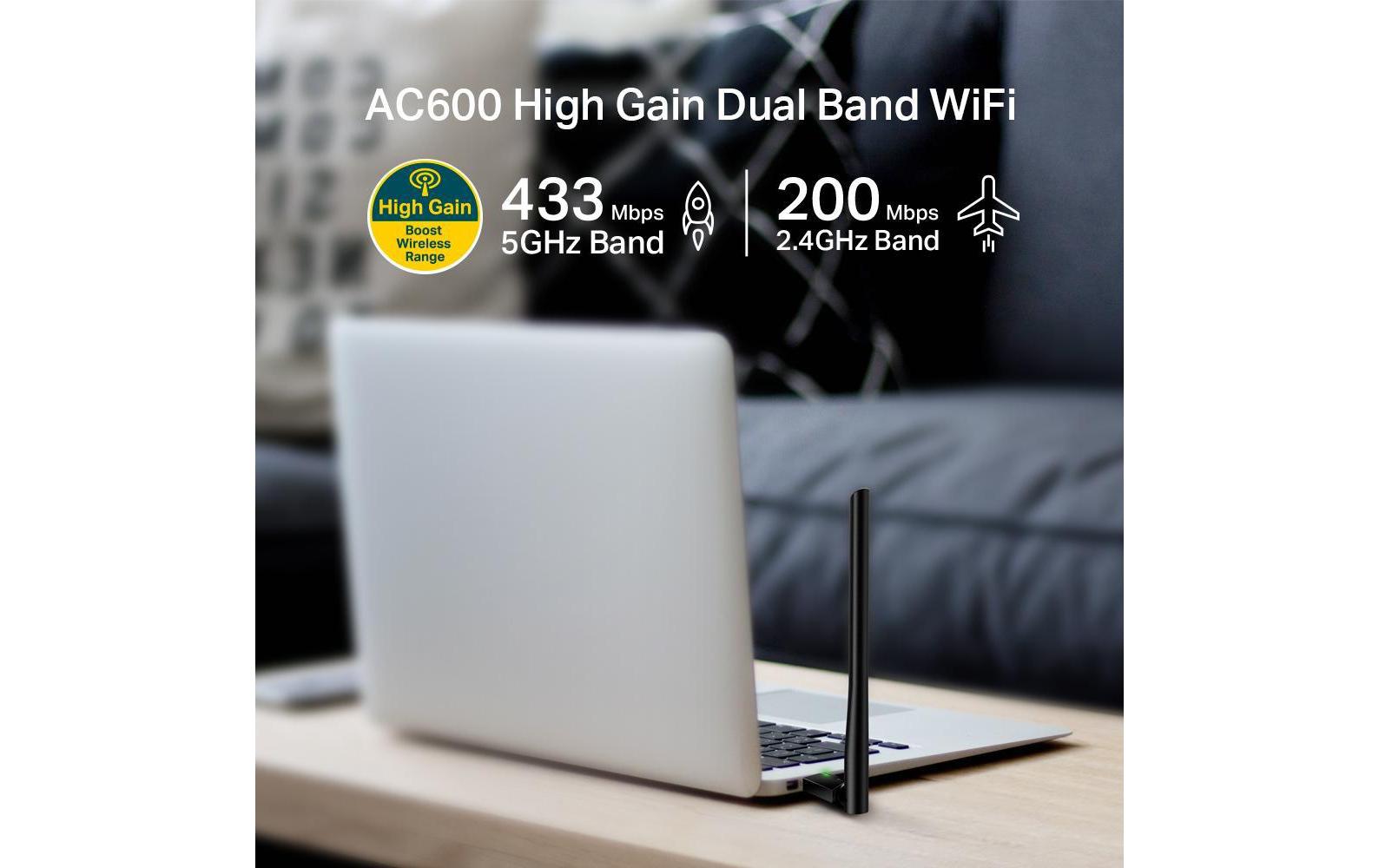 TP-Link Archer T2U Plus – WLAN-Stick, Wi-Fi 5 (802.11ac), Dual-Band, bis 600 Mbit/s, USB 2.0, externe Antenne
