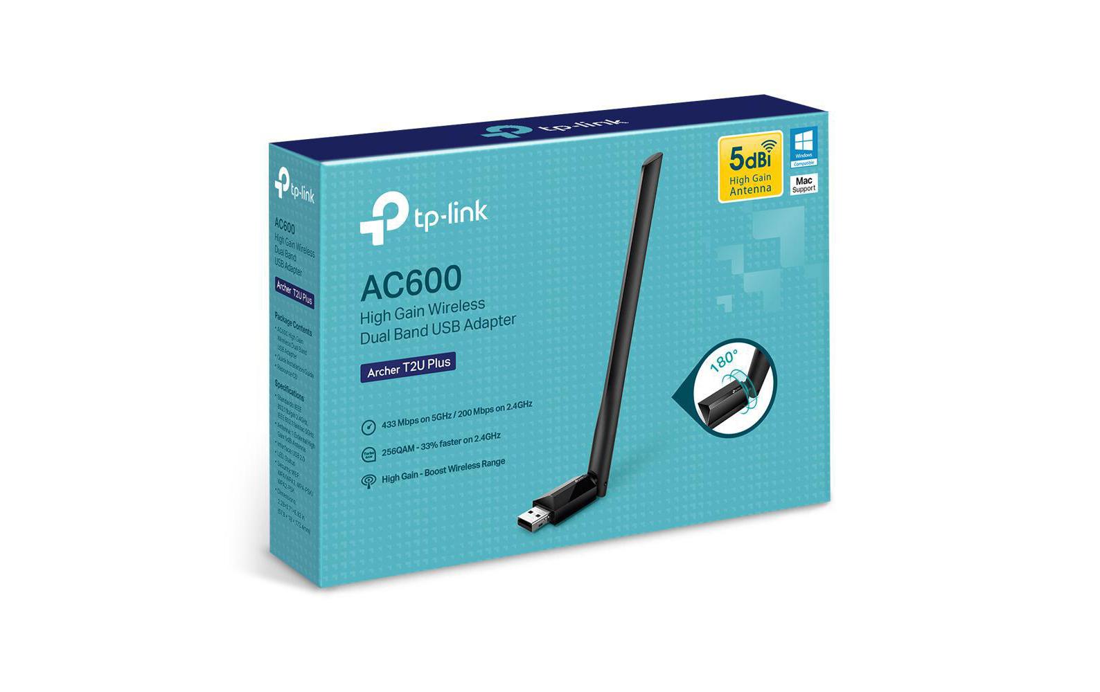 TP-Link Archer T2U Plus – WLAN-Stick, Wi-Fi 5 (802.11ac), Dual-Band, bis 600 Mbit/s, USB 2.0, externe Antenne