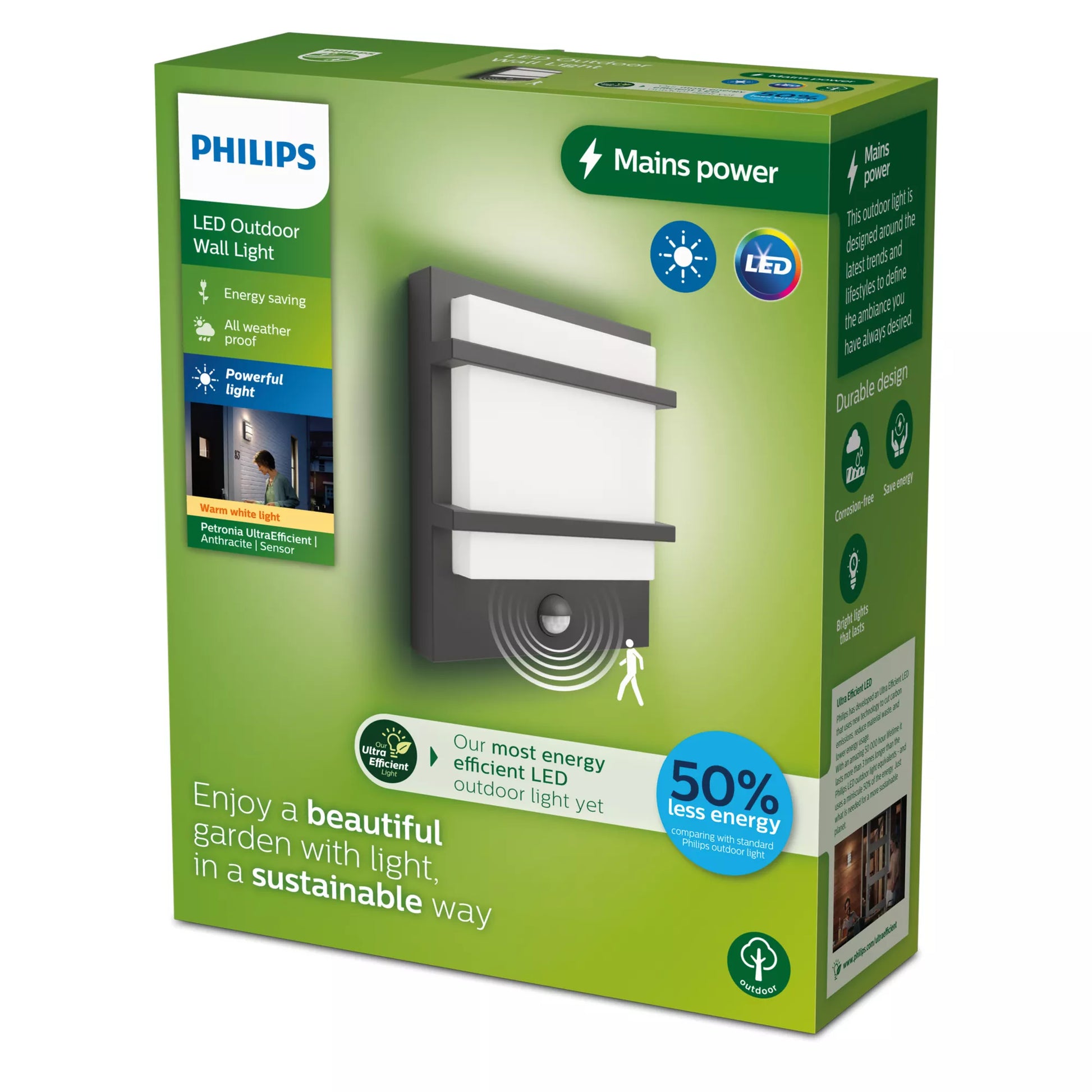 Philips by Signify Philips Aussenwandleuchte – Warmweiss, 2700 K – IP44 – Netzbetrieb – mit Bewegungsmelder – Grau – Aluminium