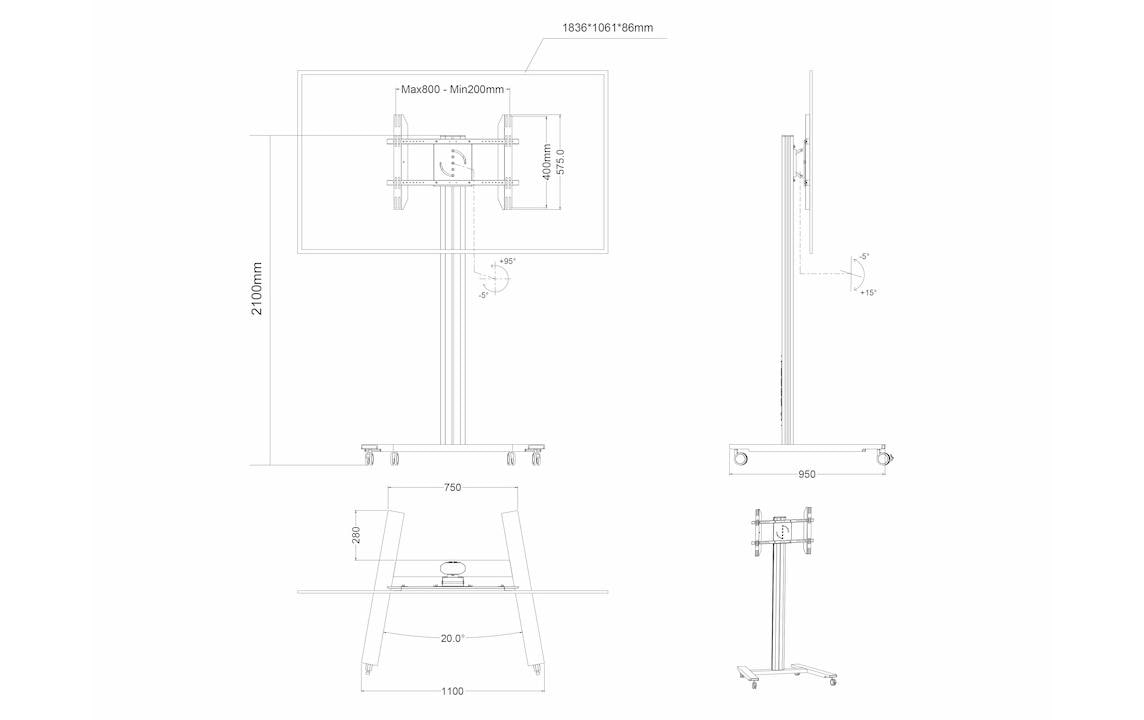 Multibrackets 210 HD Single – Displayständer, neigbar, für 77", VESA 800×500, bis 60 kg, schwarz