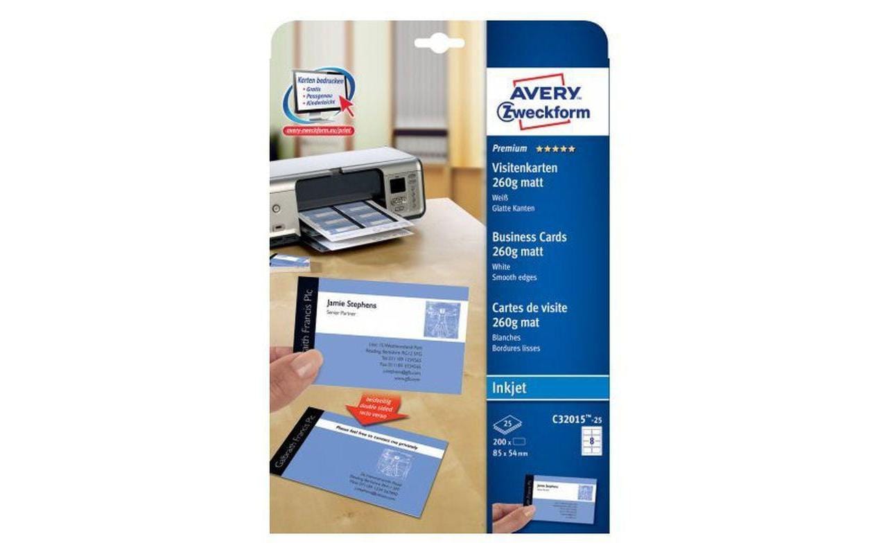 Avery Visitenkarten, 85 × 54 mm – A4, 8 pro Blatt – 200 Karten – FSC-zertifiziert, beidseitig bedruckbar