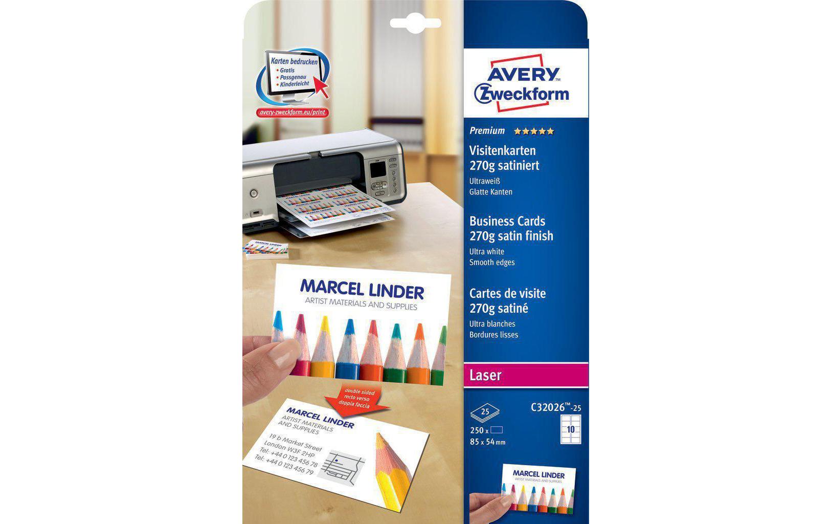 Avery Zweckform Visitenkarten, Satin, 85 × 54 mm, 270 g/m² – für Laser – A4, 10 pro Blatt – 250 Karten