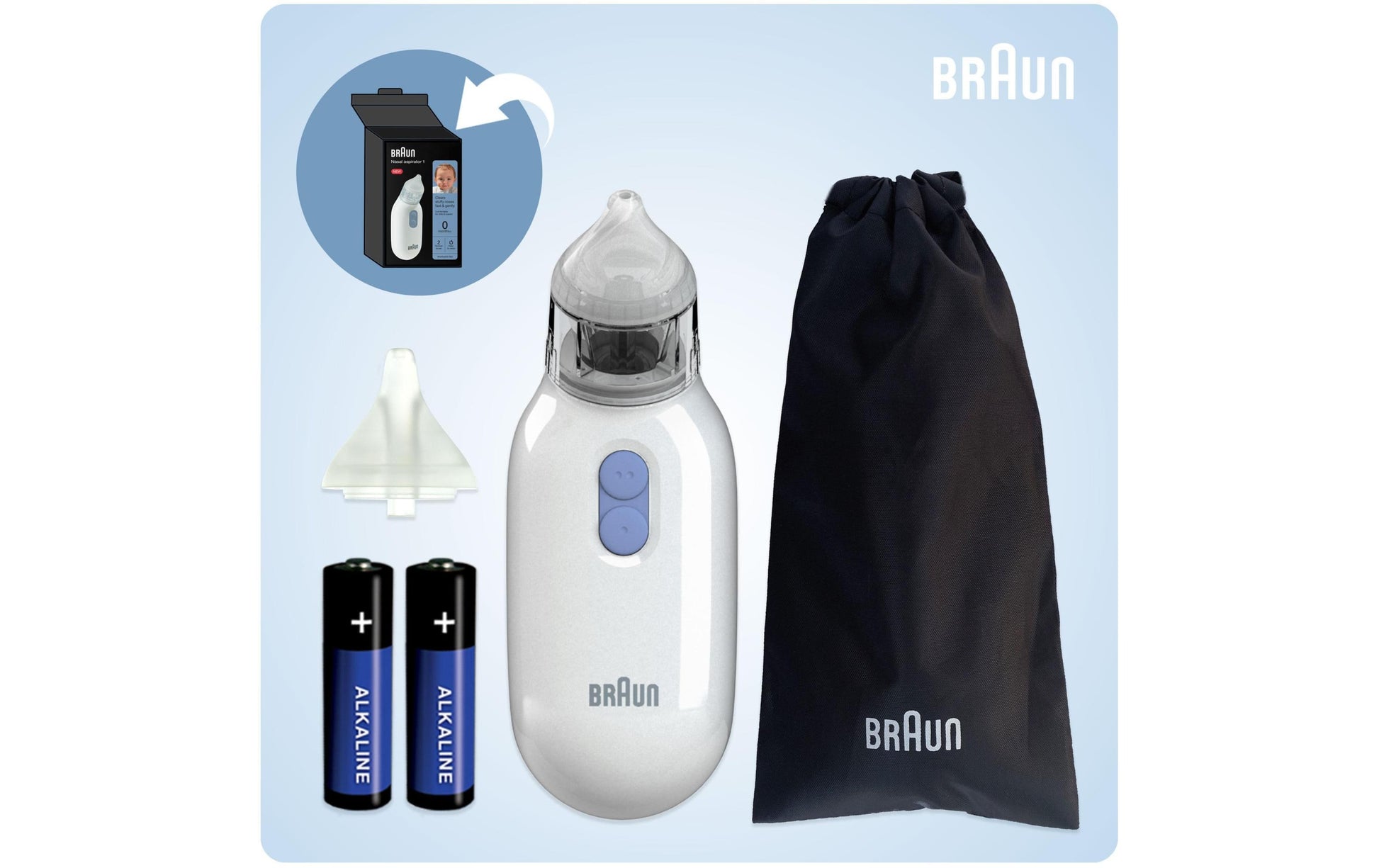 Braun Nasensauger BNA 100 – elektrisch, Akku – abnehmbare, spülmaschinenfeste Spitzen – weiss