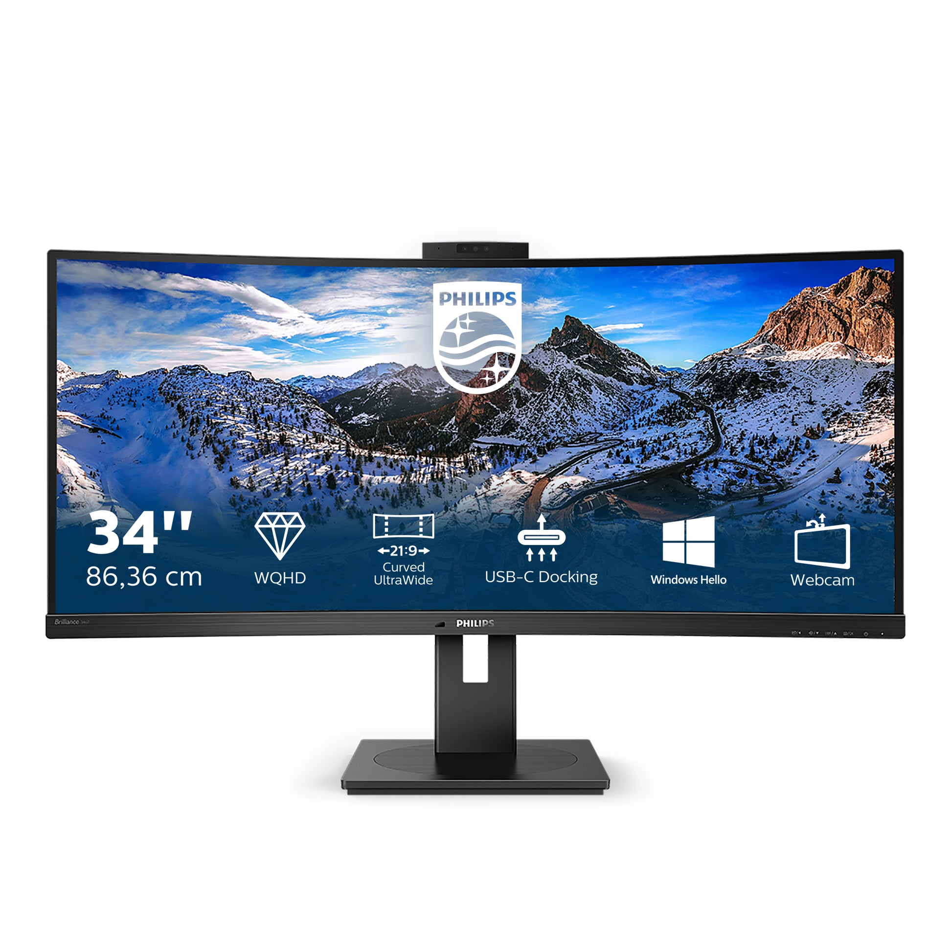 Philips 346P1CRH/00 – 34" Curved, 3440 × 1440 (UWQHD), VA, 100 Hz, USB‑C 90 W, Webcam, LAN, DisplayHDR 400
