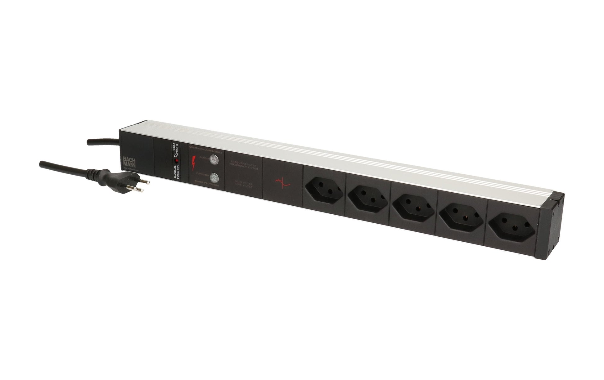 Bachmann Rack-PDU ALU – 1U, 5× T13, T12, 3 m, mit Überspannungsschutz, schwarz/silber