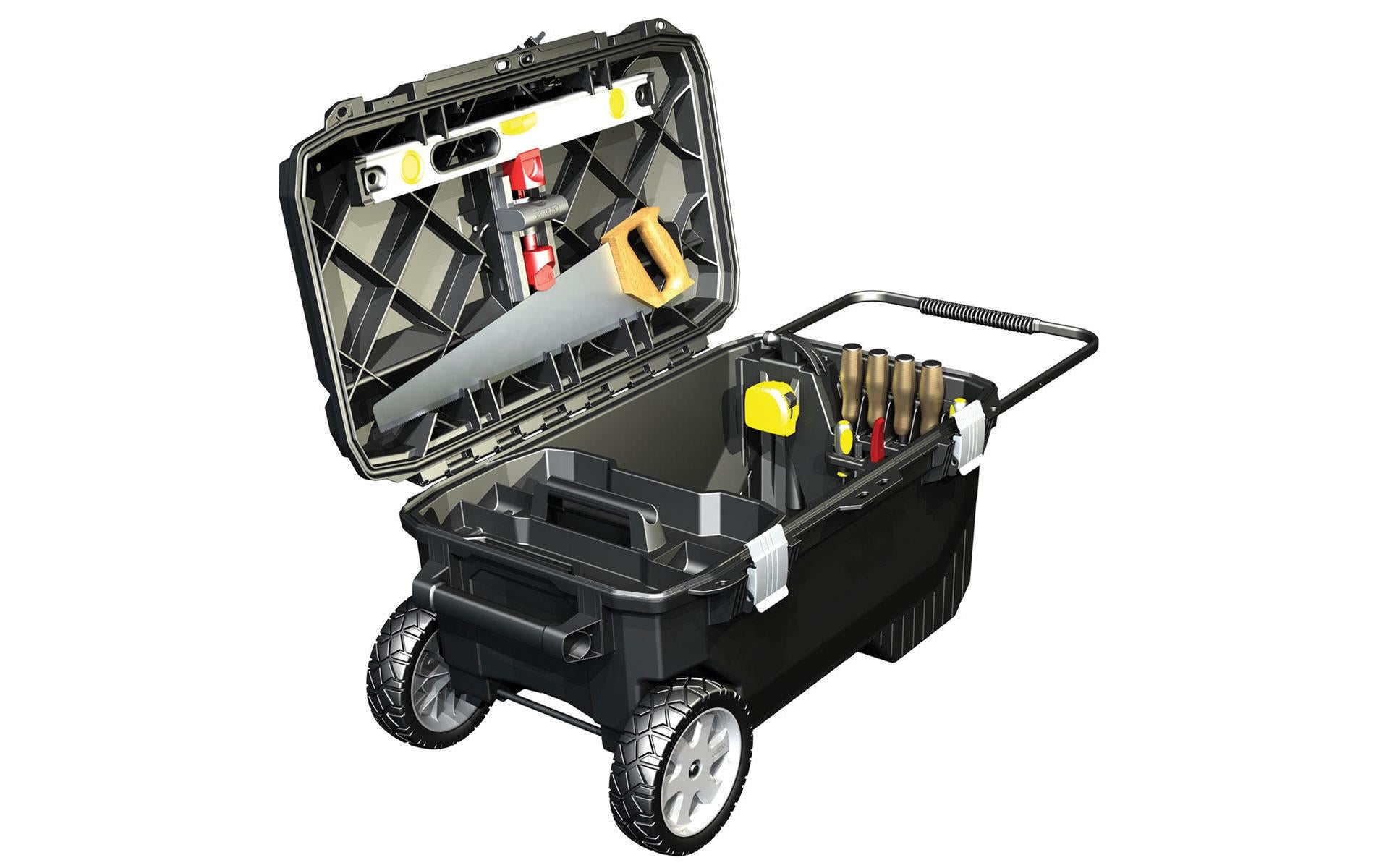 Stanley FatMax Mobile Montagebox 113 l – leer, mit Rollen, IP54, schwarz, Kunststoff, B 910 × H 430 × T 520 mm