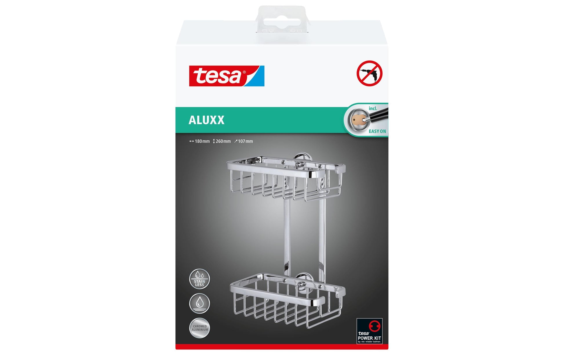 TESA Seifenhalter (Wand) Aluxx – Aluminium/Chrom, Kleben, 18×10,7×26 cm, Silber