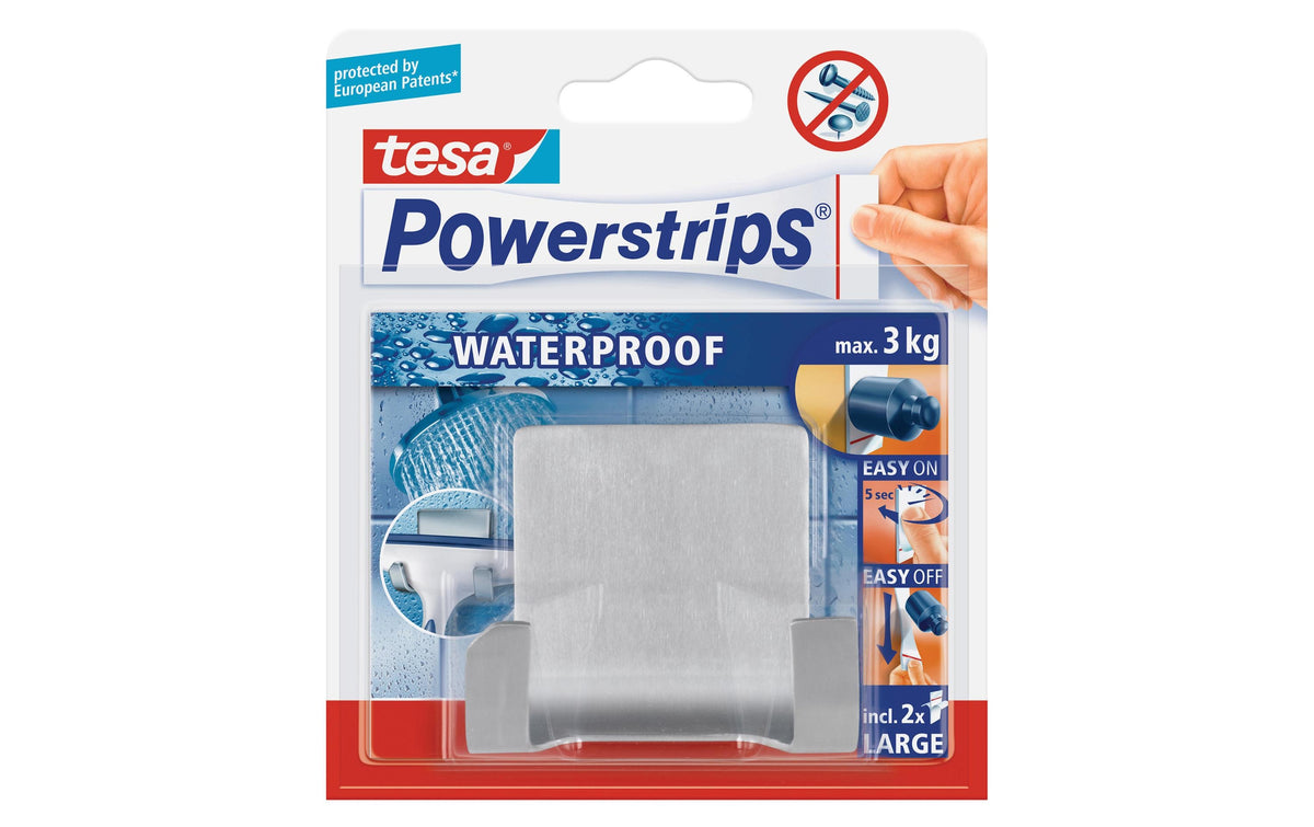 TESA Powerstrips Klebehaken – Edelstahl, 3 kg, Klebestreifen, 6×3,6×7,1 cm