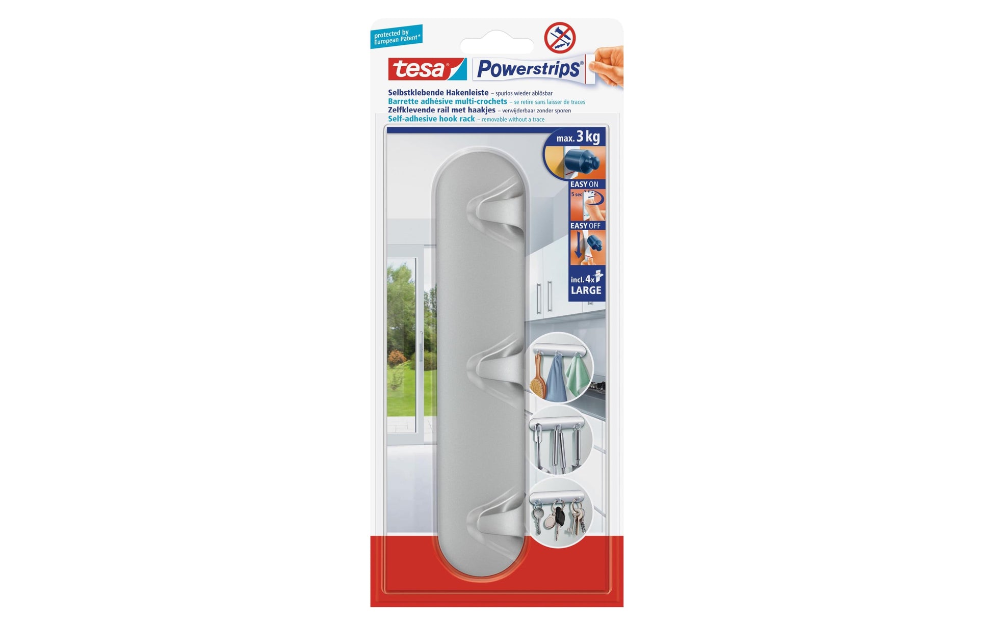 TESA Wandgarderobe 3 Haken – Silber – 200,2 × 41,3 × 18,6 mm