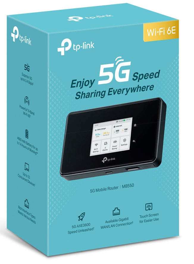 TP-Link M8550 – Mobiler 5G-Hotspot, Wi-Fi 6, Dual-Band (2,4/5 GHz), 2880 Mbit/s, 4680 mAh, SIM-Slot