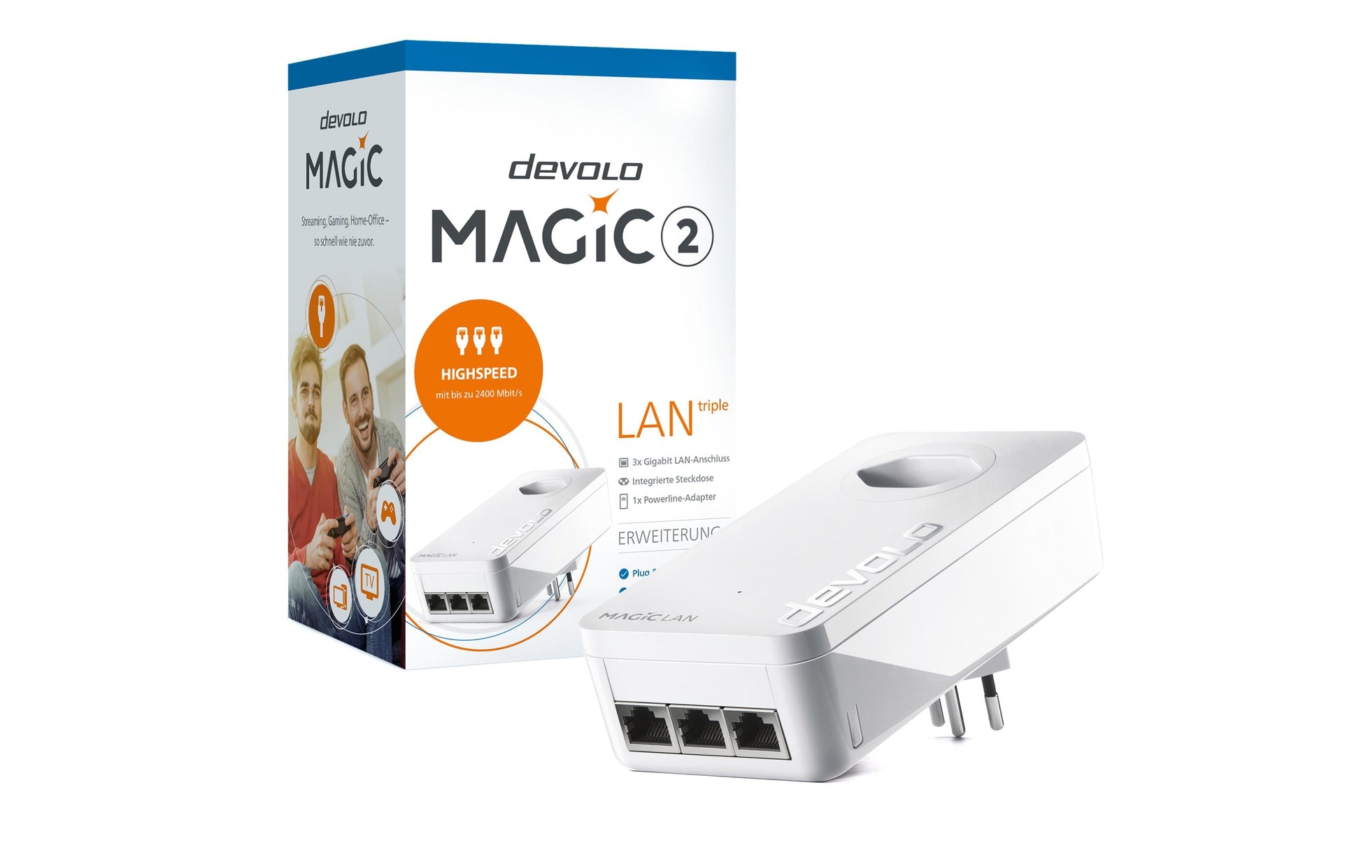Devolo Magic 2 LAN triple – Powerline-Adapter (G.hn) 2,4 Gbit/s, 3× 1G RJ-45, mit Steckdose, weiss