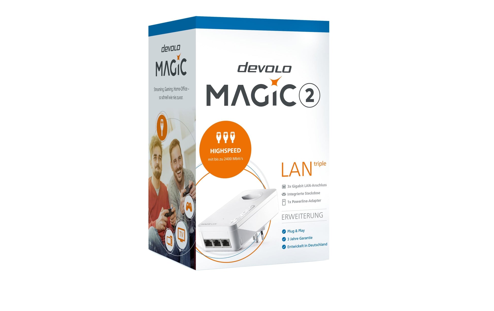 Devolo Magic 2 LAN triple – Powerline-Adapter (G.hn) 2,4 Gbit/s, 3× 1G RJ-45, mit Steckdose, weiss