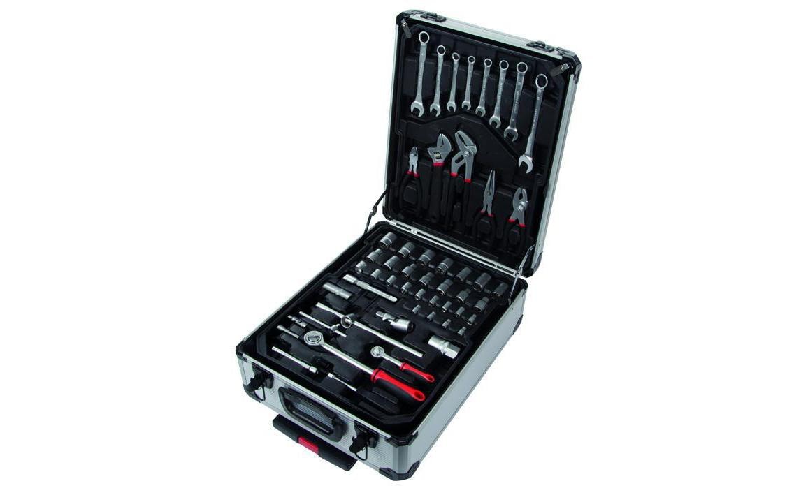 Toolland Werkzeugkasten, silber, Ausziehgriff, 2 Rollen, 4 Fächer, bestückt, 260-teilig