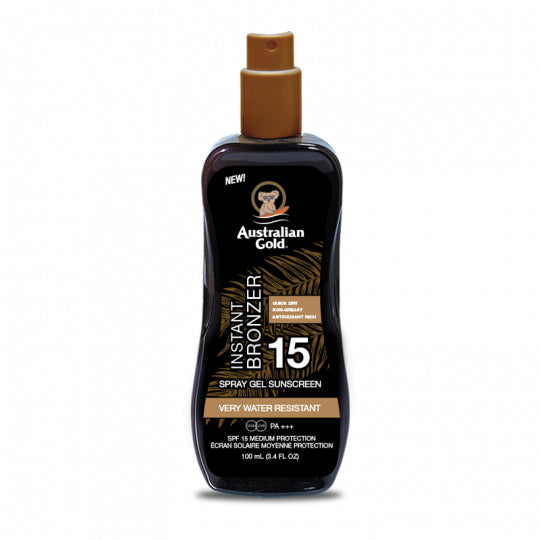 Australian Gold Spray-Gel SPF 15 – Gesicht & Körper – wasserfest, mit Bronzer – 100 ml