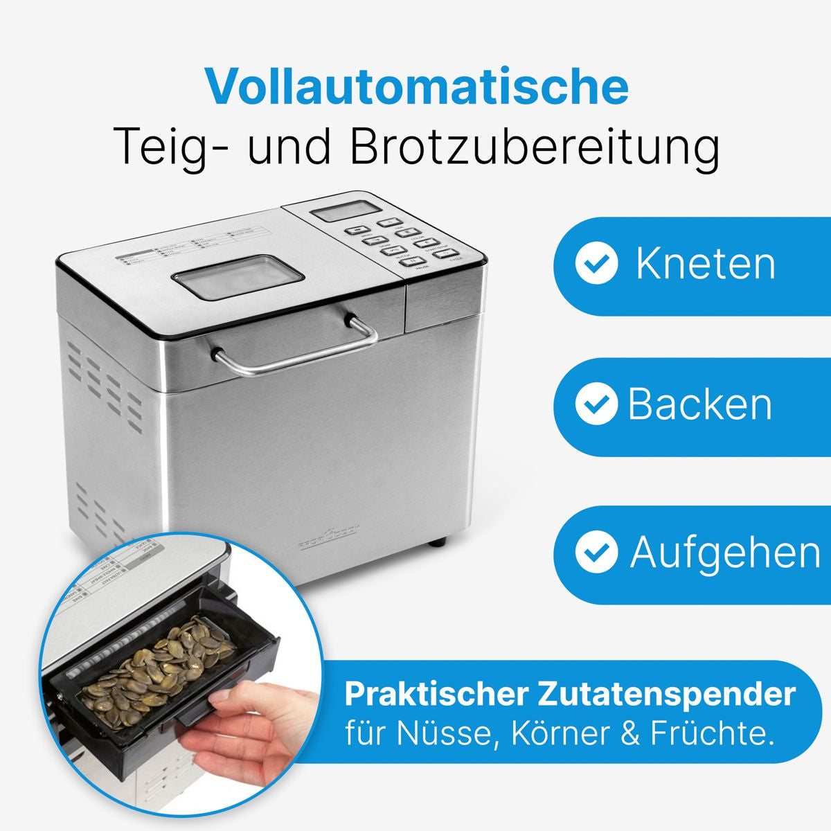 ProfiCook Brotbackautomat PC-BBA 1282 – 1,5 kg, 13 Programme, 550 W – silber/edelstahl