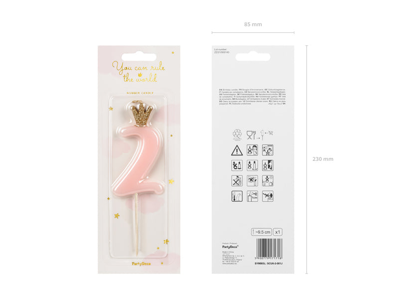 PartyDeco Geburtstagskerzen Zahl 2 – Hellrosa – 5 cm – 1 Stück