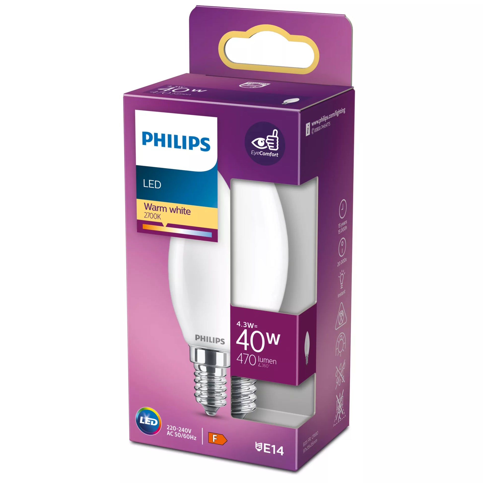 Philips by Signify Philips LED-Leuchtmittel E14 B35 – 470 lm, 4,3 W, Warmweiss 2700 K – Glas, matt – 1 Stk.