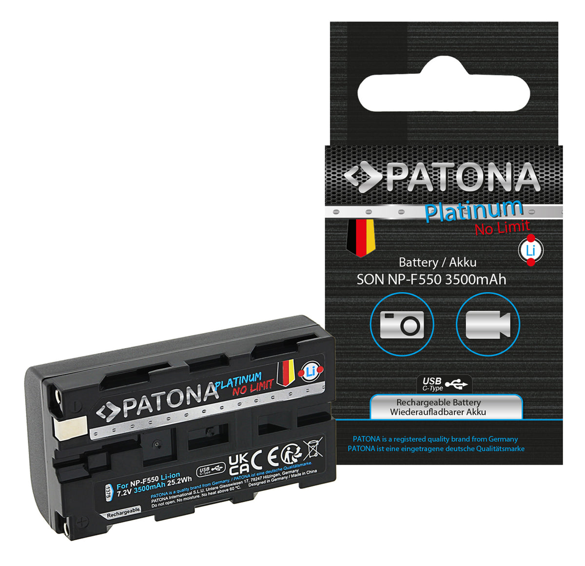 PATONA Platinum Akku 3'500 mAh, 7,2 V, USB-C – für Sony NP-F550, F330, F530 und andere