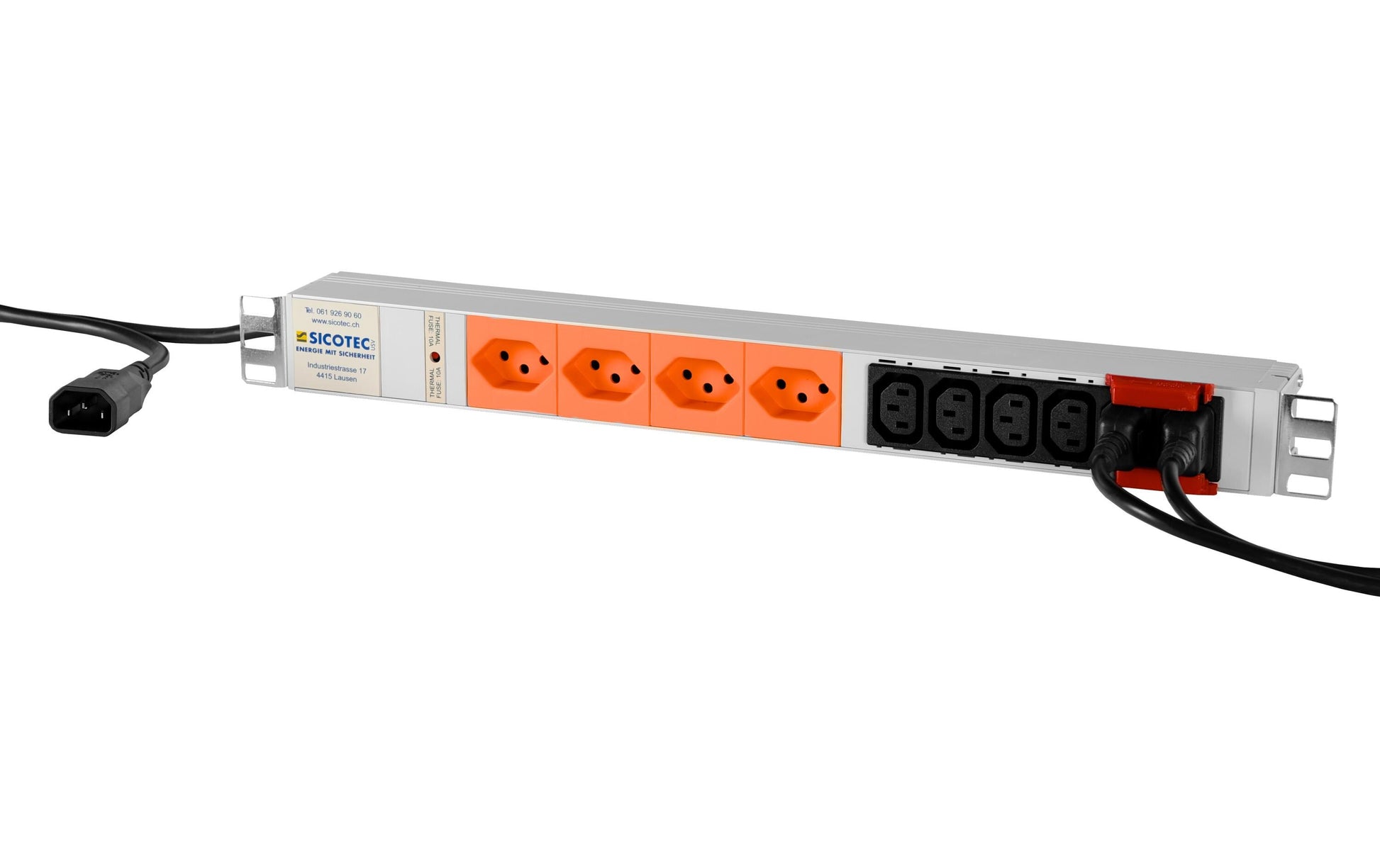 Sicotec AG Sicotec USV Steckdosenleiste (4×T13 + 6×C13), Eingang C14, 3 m, 10 A – grau/schwarz/orange