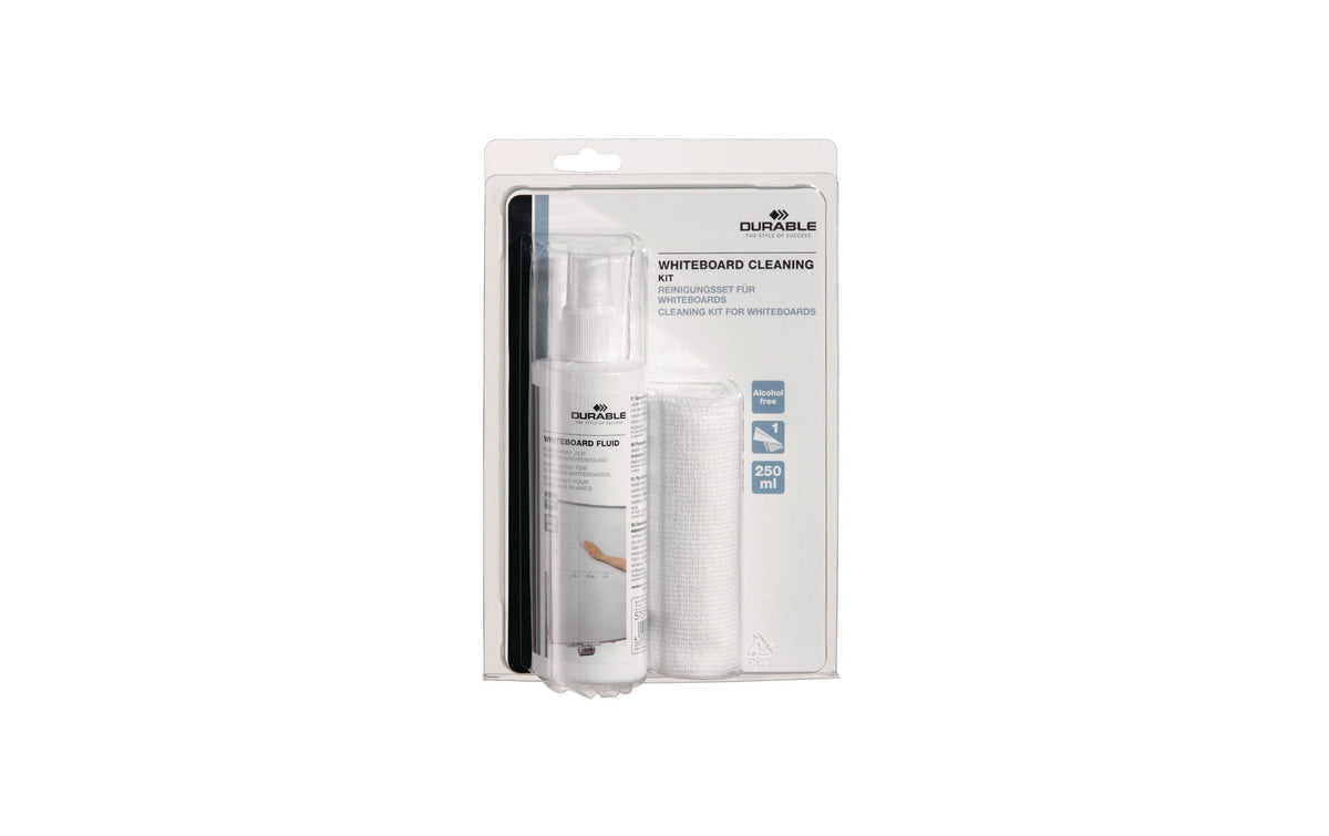 Durable Reinigungsset – 250 ml + Mikrofasertuch 25,0 × 25,0 cm, Mikrofaser, Weiss, für Whiteboard
