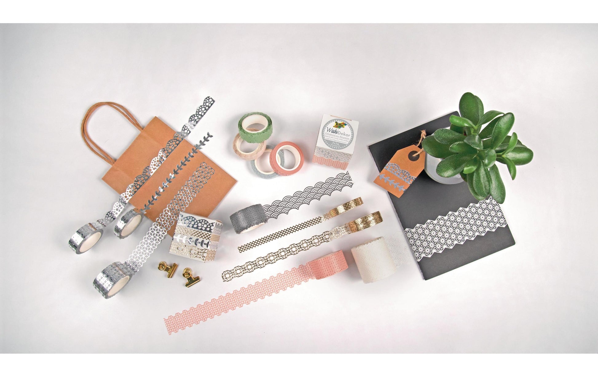 Folia Washi Tape Spitzenbordüre – wiederablösbar, Hotfoil, Papier, 25 mm × 5 m, Grau/Gold, 2 Rollen