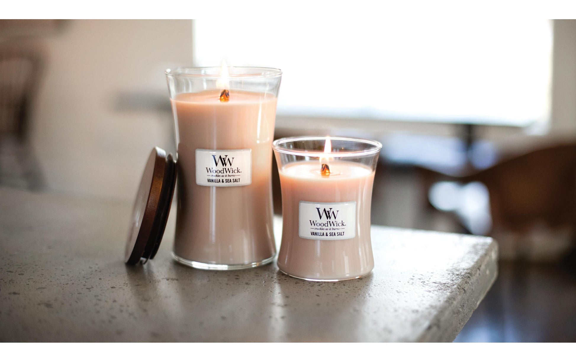 WoodWick Duftkerze – Vanille & Meersalz – Ø 7 × 8,3 cm