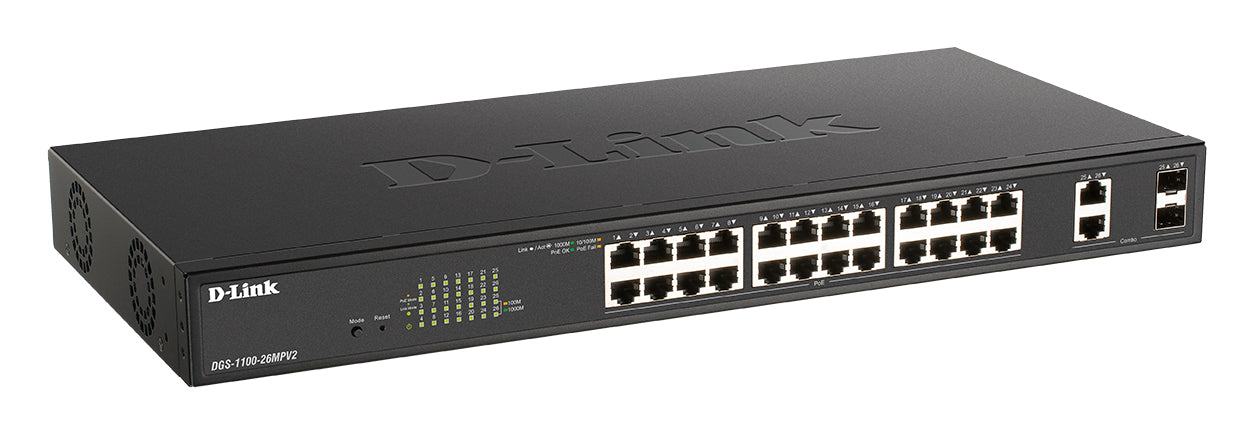 D-Link DGS-1100-26MPV2 – Verwalteter L2 Switch – 24× 1G, 2× SFP, PoE+, PoE-Budget 370 W, 19"