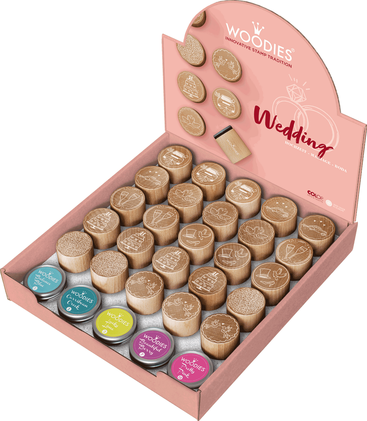 Colop Stempel-Set – Hochzeit – 25 Stempel, 5 Stempelkissen – Holz – 236 × 220 × 230 mm