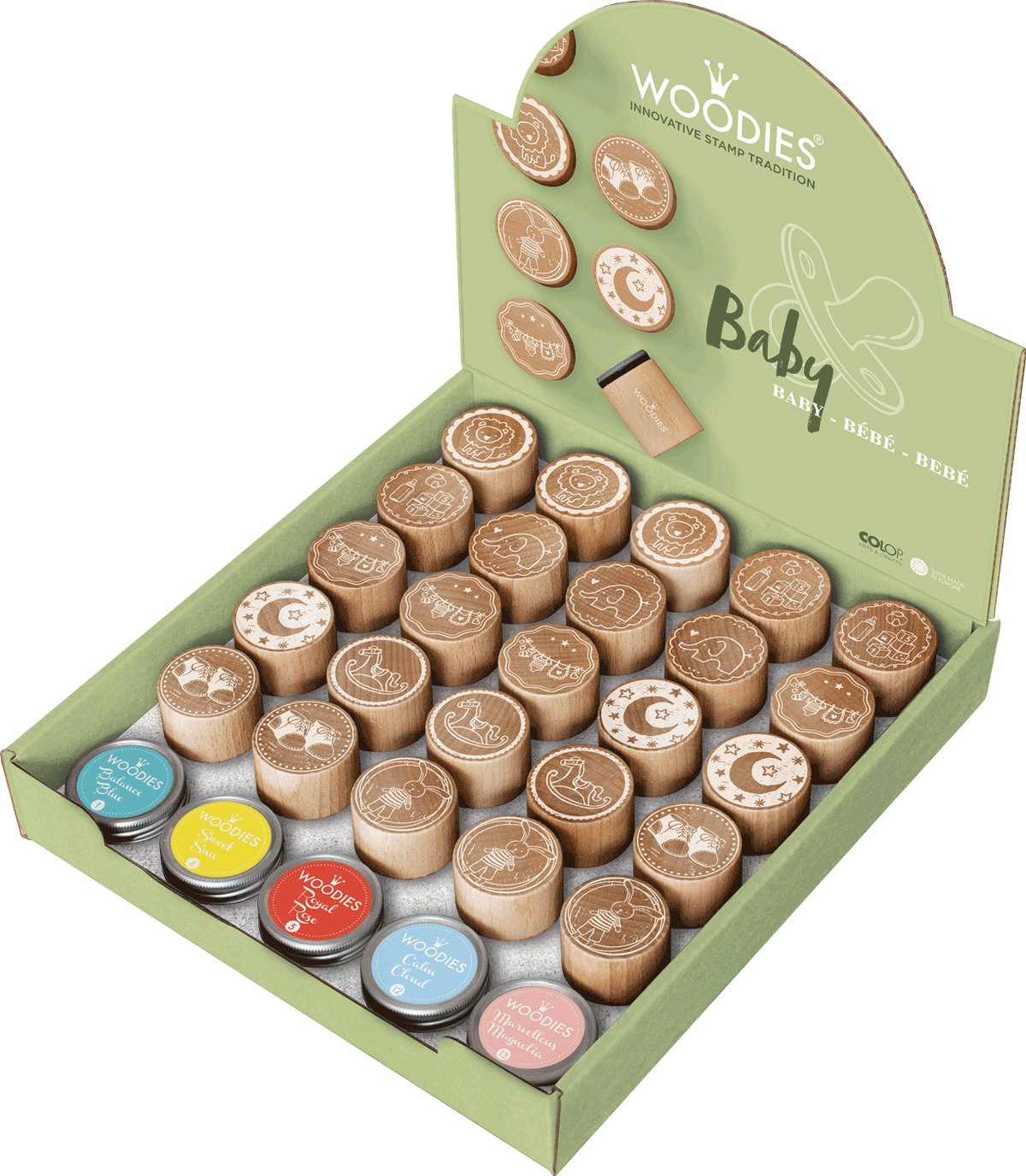 Colop Stempel-Set – Woodies Display Baby – 25 Stempel, 5 Stempelkissen – Holz
