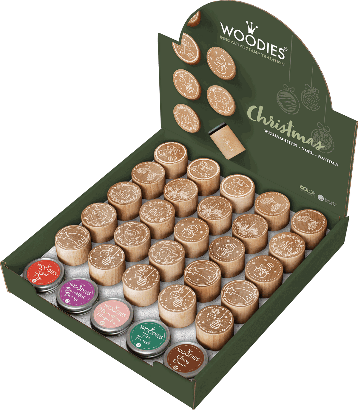 Colop Woodies – Motivstempel, Holz, Weihnachten – 25 Stempel, 5 Stempelkissen